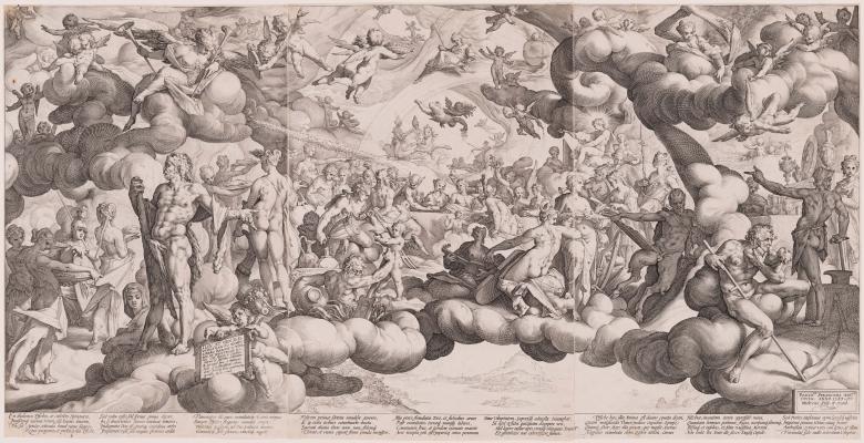 black and white drawing of mythology scene